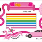 Text: Pink, graceful flamingo, comfy sofa, fluffy candyfloss, waxy crayon, muddy pig, wriggly worm, long limousine. 

Illustration mit Tieren, Möbeln und Gegenständen in Rosa.