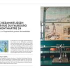 "Die Keramikfliesen in der Rue du Faubourg Montmartre 24. Wunderschöne, in Vergessenheit geratene Keramikbilder." Wandfliesen zeigen Küsten- und Fischmotive über einer Bar mit Spülbecken.