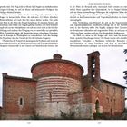 Zwei Textabsätze über architektonische und spirituelle Merkmale einer Kapelle in der Nähe von Siena. Außenansicht der Kapelle.