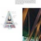 II. LIGHT. Text beschreibt ein 60-Fuß hohes Wandkunstwerk hinter einem Altar. Links Illustration einer A-förmigen Kirche.