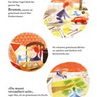 Ein Junge spielt mit einem blauen Vogel, schaut Bücher an und macht ein Puzzle mit ihm.