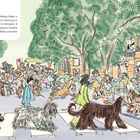 "Abbey Road" steht oben. Menschen und Hunde sind auf einem Zebrastreifen, mit Zeichen wie "Ringo" und "Beatles".