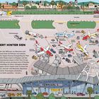 „Was passiert hinter den Kulissen?“ zeigt eine flughafenähnliche Szene mit Flugzeugen, Fahrzeugen und Personal in Aktion.