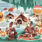 Texte: "UNTERRICHT AM FEUER", "Urzeit-Knete", "AUSPROBIEREN".  
Illustration: Menschen in Fellkleidung um Lagerfeuer bei Hütten.