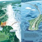 Text links: "Manchmal trennt ein langer Fluss zwei Länder...". Zwei Naturdarstellungen, links ein Wasserfall mit Regenbogen, rechts eine Brücke über das Meer.