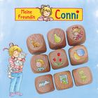 "Meine Freundin Conni" steht oben. Darunter Holz-Würfel mit Bildern: Hase, Birne, Mädchen, Ball, Tulpen. Links Kind mit Katze.