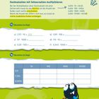 Dezimalzahlen multiplizieren; Aufgaben zum Berechnen im Kopf; Tabelle mit Dezimalzahlen; Illustration mit Figur.