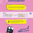 Ein pinker Hintergrund mit Texten zur Verneinung im "present progressive", Erklärungen und Beispielen zu Kurzformen. Untere Ecke zeigt eine Comicfigur mit Ball.