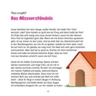 Theo erzählt: Das Missverständnis. Eine Geschichte über einen riesigen, weißen Hund namens Floh und ein Kind, das im Garten spielt. Rechts unten eine Illustration von einer Hundehütte.