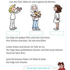 Zu Sätzen und Texten malen. Drei gezeichnete Mädchen in verschiedenen Outfits. Ein Junge sitzt und liest Anweisungen.