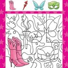 Oberhalb: rosa Stiefel, eine Fackel, ein blauer Schmetterling, eine grüne Maske. Darunter ein Ausmalbild mit denselben Motiven.