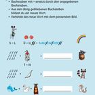 Anleitung mit Bildern: Buchstaben durch Symbole ersetzen. Wörter bilden und Bilder zuordnen. Tiere: Maus, Waschbär und Wurm.