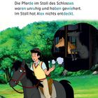 Text: "Heute Nacht ist Alex aufgewacht... Im Stall hat Alex nichts entdeckt." Eine Illustration zeigt Alex auf einem Pferd im Wald, denkt an unruhige Pferde.