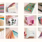 Seite 202 links, Seite 203 rechts. Verschiedene handgemachte Bücher mit bunten Mustern und kreativen Einbänden in 12 Bildern.