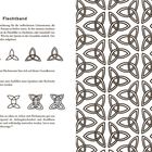 Titel: "Flechtband". Sie beschreibt verzierte Knoten und Anleitungen zur Erstellung. Rechts davon wiederholte Knotenmuster.