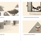 Vier Szenen von Gebäuden, Fenstern mit Figuren in fantastischen Formen, und einfachen Pastellfarben.