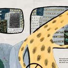 Text: "Normalerweise fährt Giraffe Cabriolet. Aber heute Nacht nehmen die Freunde den Bulli von Schildkröte." 

Illustration: Eine Giraffe fährt einen Bulli; Schildkröte sitzt daneben. Draußen ist eine Stadt bei Nacht zu sehen.
