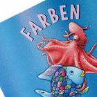 Text: "FARBEN". Illustration eines bunten Fisches und eines roten Oktopus auf blauem Hintergrund.