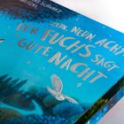 Text: "Zehn, neun, acht - Der Fuchs sagt gute Nacht". Illustration eines Fuchses und einer Eule im Wald.