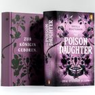 Zwei Bücher, links "Zur Königin geboren", rechts "The Poison Daughter" mit floralen Mustern, lila Tönen.