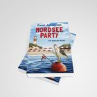 "Emmi Johannsen, MORDSEE PARTY, Ein Borkum-Krimi". Vordergrund: Möwe auf Boje, im Hintergrund ein Leuchtturm.