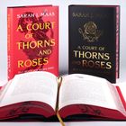 Zwei Bücher mit den Titeln "A Court of Thorns and Roses". Eines rot, eines schwarz, aufgeschlagenes Buch vorne.