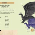 Aufgabe: Ordne Drache & Reiter zu. Liste mit Namen. Rechts drei farbige Drachen: schwarz, violett, klein goldfarben.