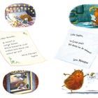 Verschiedene Illustrationen von Sophie und einem Monster, das einen Brief schreibt und erhält. Gemütliche Atmosphäre.