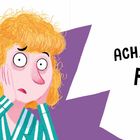 Text: "ACH, FLO!" Illustration einer Person mit lockigem Haar, überrascht, mit einem lächelnden Hund in blauer Kleidung daneben.