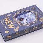 "NEW Promises" und "LILLY LUCAS" in Gold; winterliche Illustration eines Hauses in den Bergen auf blauem Hintergrund.