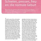 Text: "Schreien, pressen, freuen: die normale Geburt." Hintergrund: rosa Farbverlauf. Darunter informative Absätze über Geburtsprozesse.