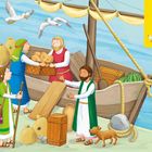 Eine Illustration zeigt Personen an einem Boot. Sie teilen Brot aus einem Korb. Möwen fliegen darüber. Ein Hund steht daneben.