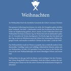 "Weihnachten" steht groß. Darunter Text über die Geburt Jesu, seine Feier am 25. Dezember und Bräuche. Oben ein Krippen-Logo.