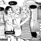 Drei Mädchen stehen zusammen, heben die Hände und rufen: „Eins... Zwei... Power!!“ Eine Illustration eines Zimmers.