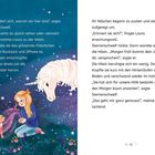 Links steht ein Einhorn bei einem Mädchen, das mit einer Häsin in einer nächtlichen, blühenden Landschaft interagiert.