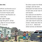 "Die Brüder Little" - Ein Sheriff spricht zwei Männer vor einem Wohnwagen an. Rechts stehen drei Kinder bei einem Polizeiauto. Texte und Zahlenmuster enthalten.