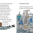 Links: Text über eine Blechhalle und „Seismologische Station“. Rechts: Illustration von Bergen mit unpassenden Elementen.