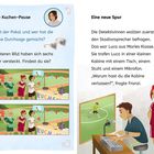 Links oben steht: "Keine Kuchen-Pause". Darunter Fragen zu einem Pokal und Fehlern im Bild. Rechts der Text "Eine neue Spur". Illustrationen zeigen eine Fußballszene und Charaktere in einer Kabine.