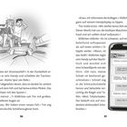 Seite 56-57 mit Textauszügen und einer Illustration von zwei Jungen, die sich vor einem Roboterhund erschrecken; daneben ein Handy mit Chat.