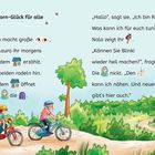 "Einhorn-Glück für alle." Zwei Mädchen radeln durch eine grüne Landschaft; sie besuchen ein Haus mit einer alten Frau.