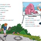 Textdialoge über Schule und Eis-Bärenwitz. Links ein Junge erschöpft, rechts eine Figur vor einer Illustration mit rotem Bären.