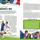 **Texte:** "7:4 DIE WELT", "ALLE VIER JAHRE: DIE MÄNNER-WM", "WELTMEISTER DEUTSCHLAND", "FANWISSEN", "QUALIFIKATION", "FIFA".

**Beschreibung:** Zwei Textseiten über die Fußball-WM, Bilder von Fans, Spielern und der WM-Trophäe.