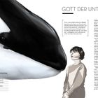 "Mama, ich habe Hunger. Können wir sie essen? Nein, Liebes, wir essen keine Menschen. Warum nicht? Weil die Großmutter es so entschieden hat." Drei Orcas schwimmen im Wasser, begleitet von einem Taucher im Hintergrund.