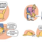 Ein Comic zeigt eine Katze, die vorwurfsvoll und dramatisch mit einer Frau interagiert, während sie um Futter bettelt.