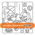 "Ausmalbuch von Vivitinta." Zwei Cartoon-Figuren, ein Skelett und ein Kürbis, essen zusammen in einem gemütlichen Raum.