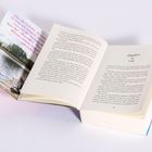 „Der See funkelte, als hätte...“; ein geöffnetes Buch zeigt Text und ein Bild von einem See mit Ufer.