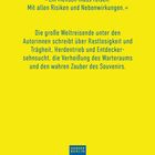 Zitat und Beschreibung über das Reisen, Unruhe und Entdeckungsdrang vor gelbem Hintergrund, Logo "Hanser Berlin LEBEN".