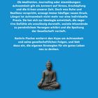 Text: „ACHTSAM. BEWUSST. UND TROTZDEM ERSCHÖPFT.“ Unten eine Buddha-Statue auf blauem Hintergrund.