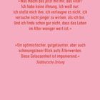 Text über Alter und Gelassenheit vor rosa Hintergrund. Erwähnung der "Süddeutsche Zeitung" und hanser-literaturverlage.de.
