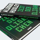 Buchcover mit "Aldous Huxley" und "Zeit der Oligarchen" in großen Buchstaben. Schriftzüge sind weiß und grün.